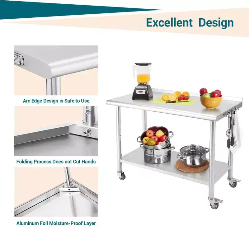 Table en acier inoxydable, table de préparation commerciale en métal robuste avec étagères ouvertes pour cuisines de restaurant, maison, hôtels, préparation des aliments
