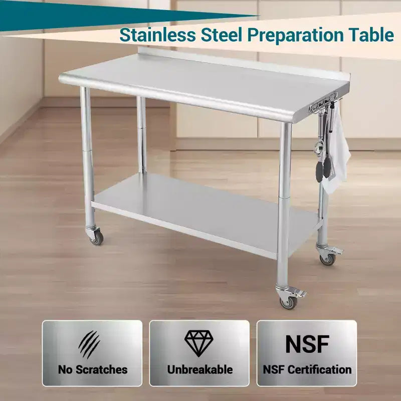 Table en acier inoxydable, table de préparation commerciale en métal robuste avec étagères ouvertes pour cuisines de restaurant, maison, hôtels, préparation des aliments