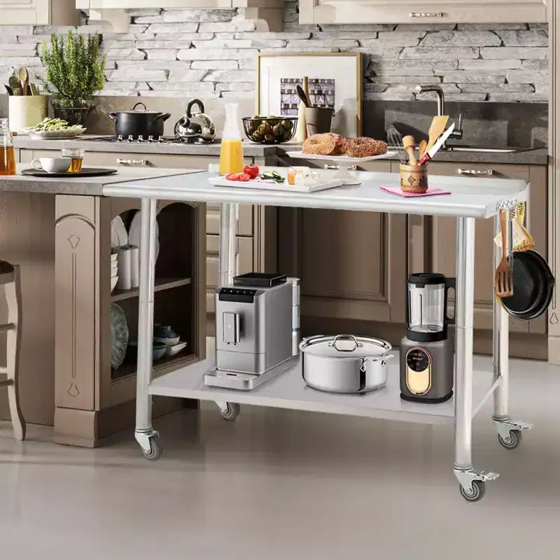 Table en acier inoxydable, table de préparation commerciale en métal robuste avec étagères ouvertes pour cuisines de restaurant, maison, hôtels, préparation des aliments