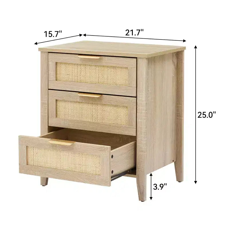 Commode en bois à 3 tiroirs, table de chevet en rotin, poignée en métal et pieds en bois massif pour chambre, salon, entrée