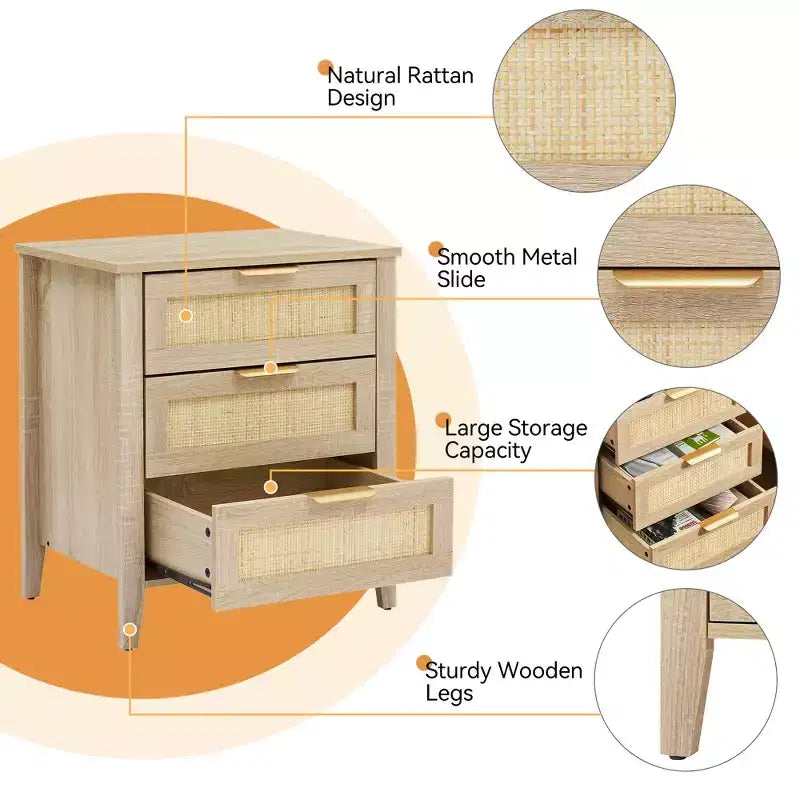 Commode en bois à 3 tiroirs, table de chevet en rotin, poignée en métal et pieds en bois massif pour chambre, salon, entrée