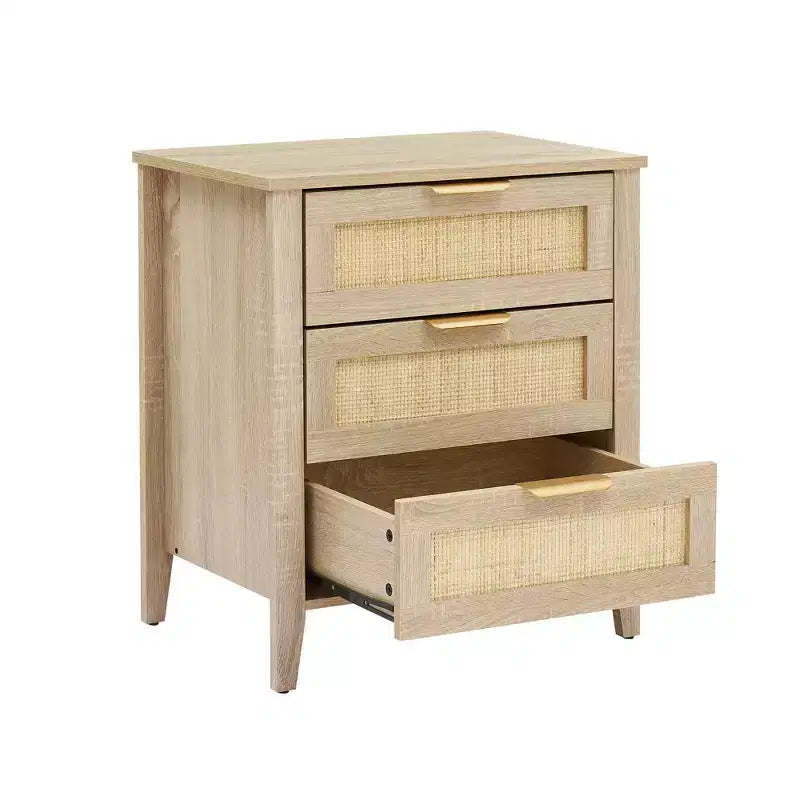Commode en bois à 3 tiroirs, table de chevet en rotin, poignée en métal et pieds en bois massif pour chambre, salon, entrée