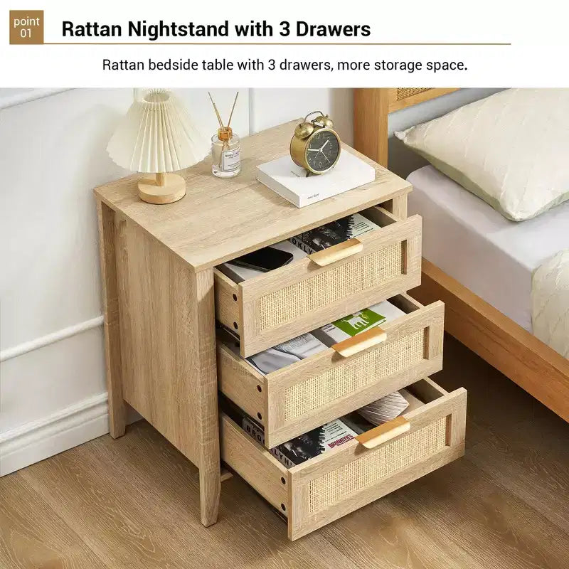 Commode en bois à 3 tiroirs, table de chevet en rotin, poignée en métal et pieds en bois massif pour chambre, salon, entrée
