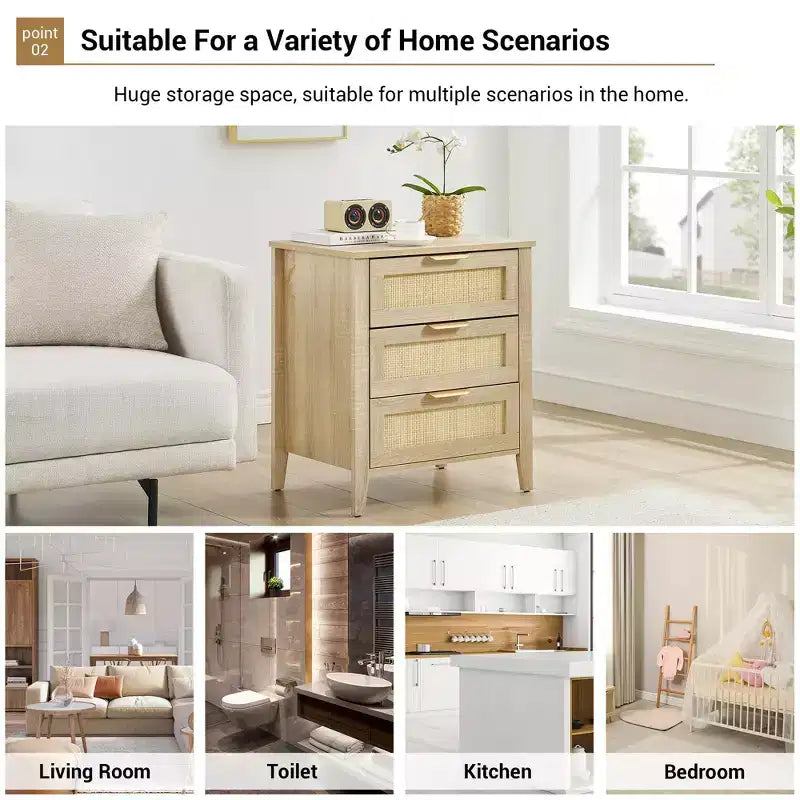 Commode en bois à 3 tiroirs, table de chevet en rotin, poignée en métal et pieds en bois massif pour chambre, salon, entrée