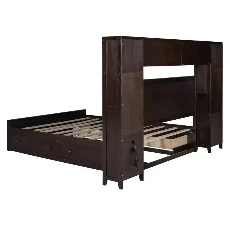 Lit plateforme Queen Size avec placard tout-en-un et étagère de rangement, cadre de lit double en bois avec 4 tiroirs et prises