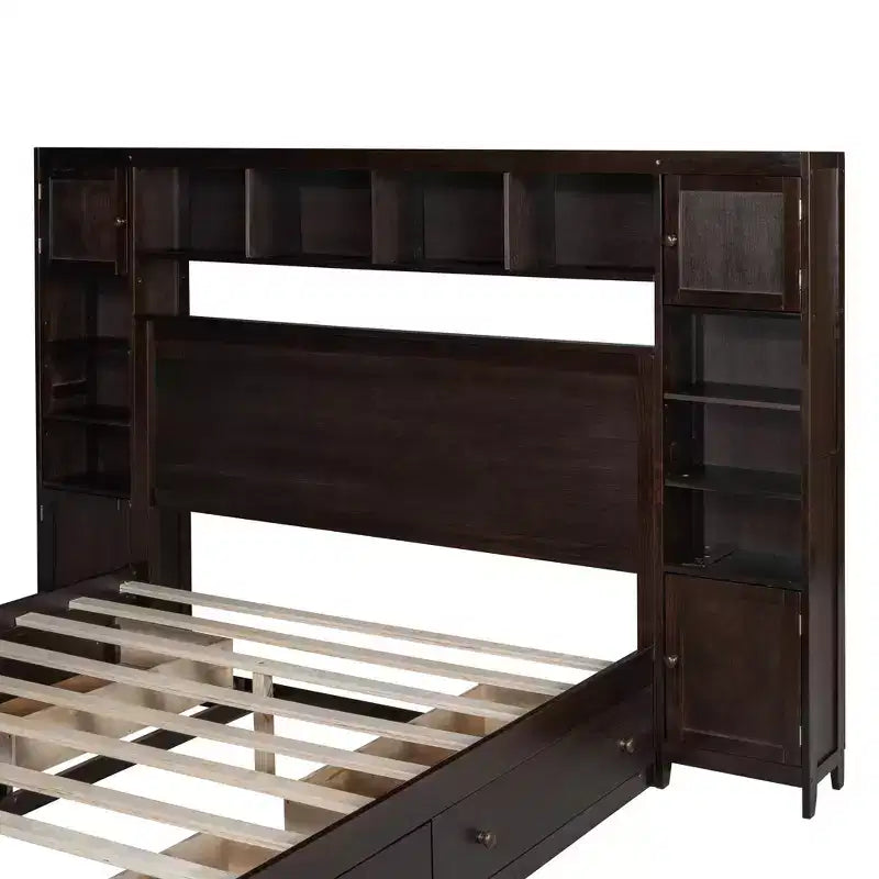 Lit plateforme Queen Size avec placard tout-en-un et étagère de rangement, cadre de lit double en bois avec 4 tiroirs et prises