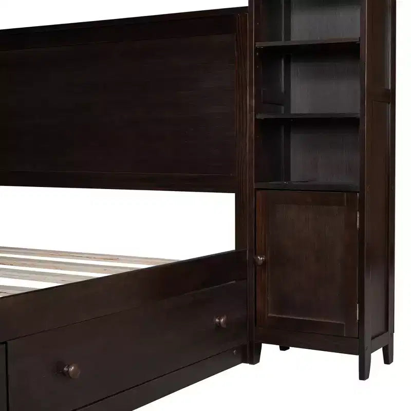 Lit plateforme Queen Size avec placard tout-en-un et étagère de rangement, cadre de lit double en bois avec 4 tiroirs et prises