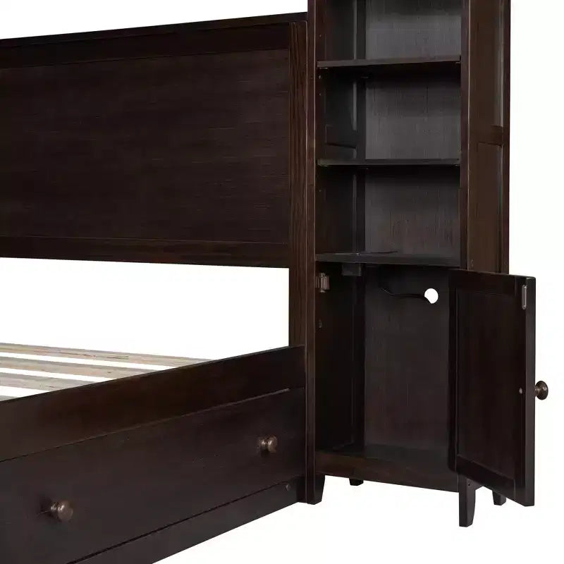 Lit plateforme Queen Size avec placard tout-en-un et étagère de rangement, cadre de lit double en bois avec 4 tiroirs et prises