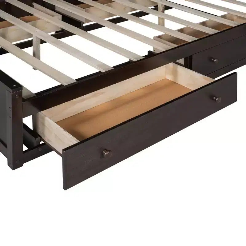 Lit plateforme Queen Size avec placard tout-en-un et étagère de rangement, cadre de lit double en bois avec 4 tiroirs et prises