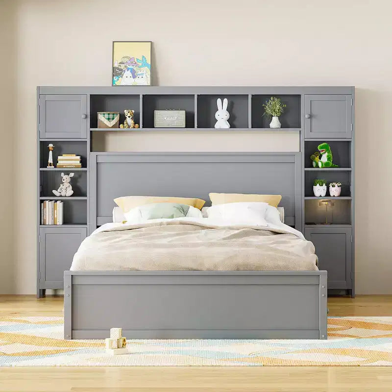 Lit plateforme Queen Size avec placard tout-en-un et étagère de rangement, cadre de lit double en bois avec 4 tiroirs et prises