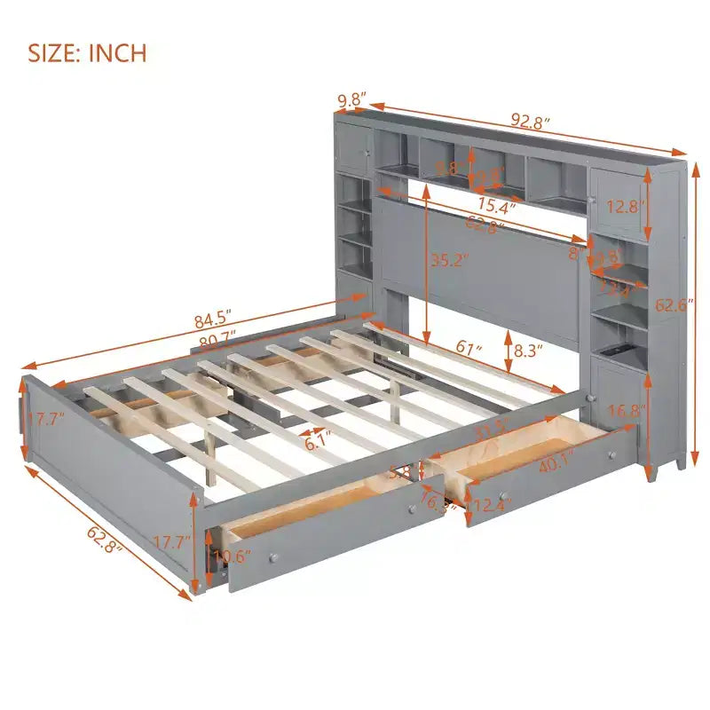 Lit plateforme Queen Size avec placard tout-en-un et étagère de rangement, cadre de lit double en bois avec 4 tiroirs et prises