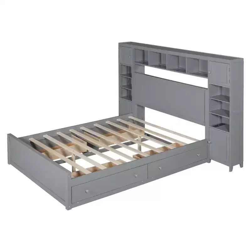 Lit plateforme Queen Size avec placard tout-en-un et étagère de rangement, cadre de lit double en bois avec 4 tiroirs et prises
