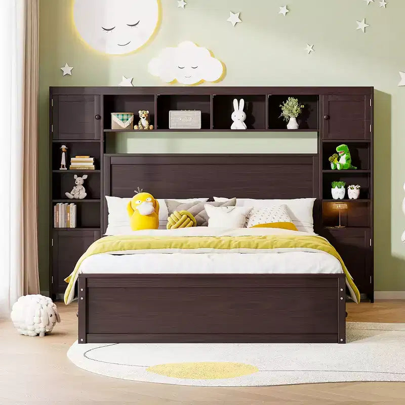 Lit plateforme Queen Size avec placard tout-en-un et étagère de rangement, cadre de lit double en bois avec 4 tiroirs et prises