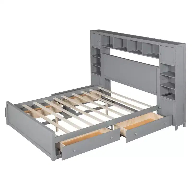 Lit plateforme Queen Size avec placard tout-en-un et étagère de rangement, cadre de lit double en bois avec 4 tiroirs et prises