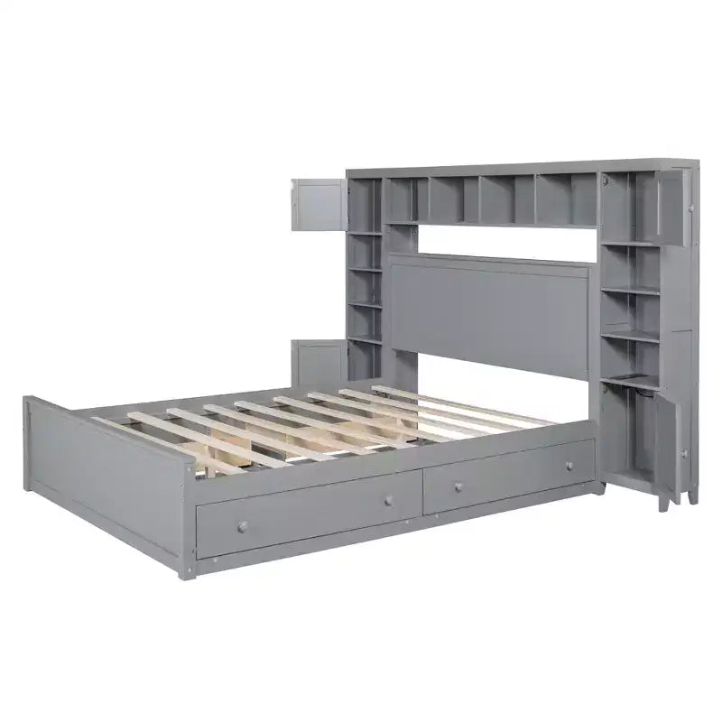 Lit plateforme Queen Size avec placard tout-en-un et étagère de rangement, cadre de lit double en bois avec 4 tiroirs et prises