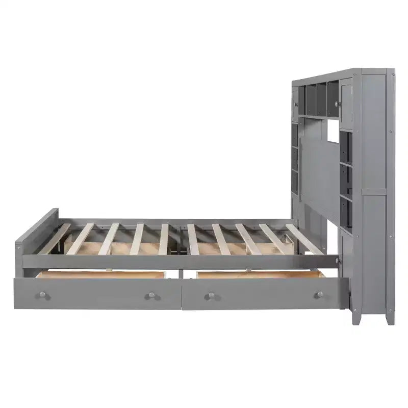 Lit plateforme Queen Size avec placard tout-en-un et étagère de rangement, cadre de lit double en bois avec 4 tiroirs et prises