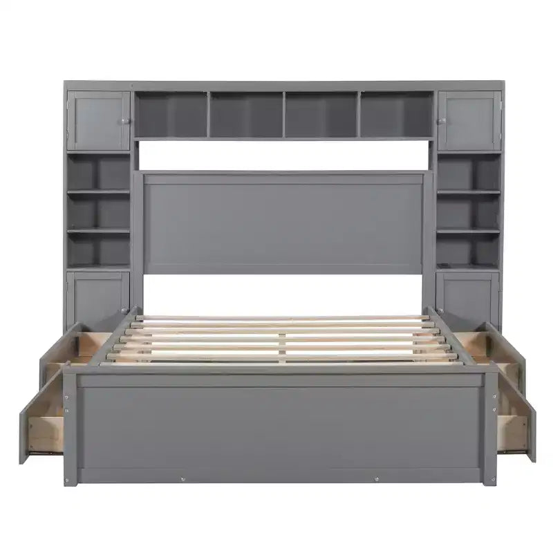 Lit plateforme Queen Size avec placard tout-en-un et étagère de rangement, cadre de lit double en bois avec 4 tiroirs et prises