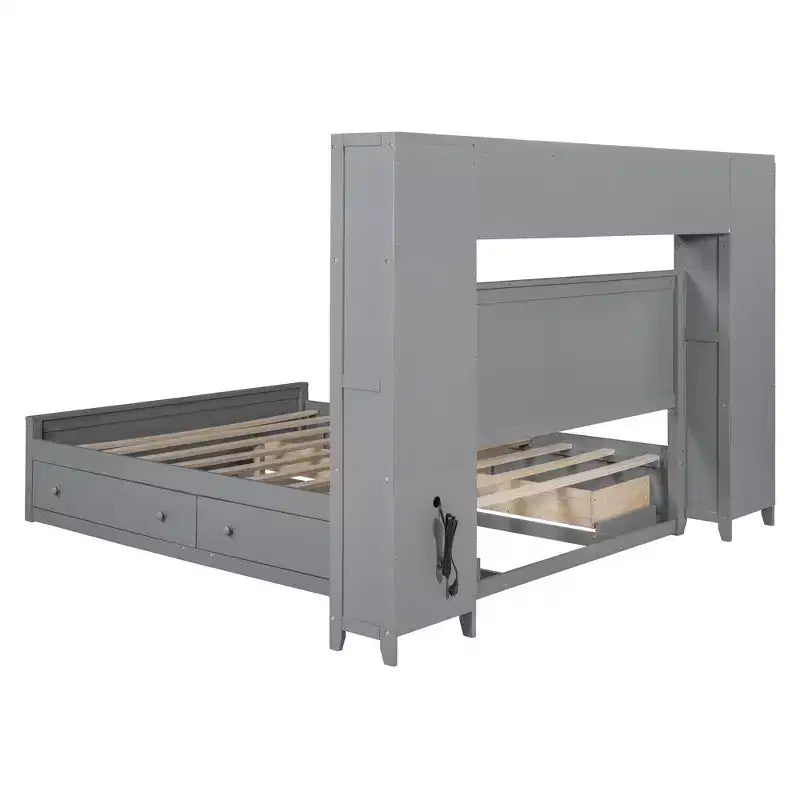 Lit plateforme Queen Size avec placard tout-en-un et étagère de rangement, cadre de lit double en bois avec 4 tiroirs et prises