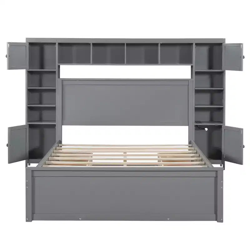 Lit plateforme Queen Size avec placard tout-en-un et étagère de rangement, cadre de lit double en bois avec 4 tiroirs et prises