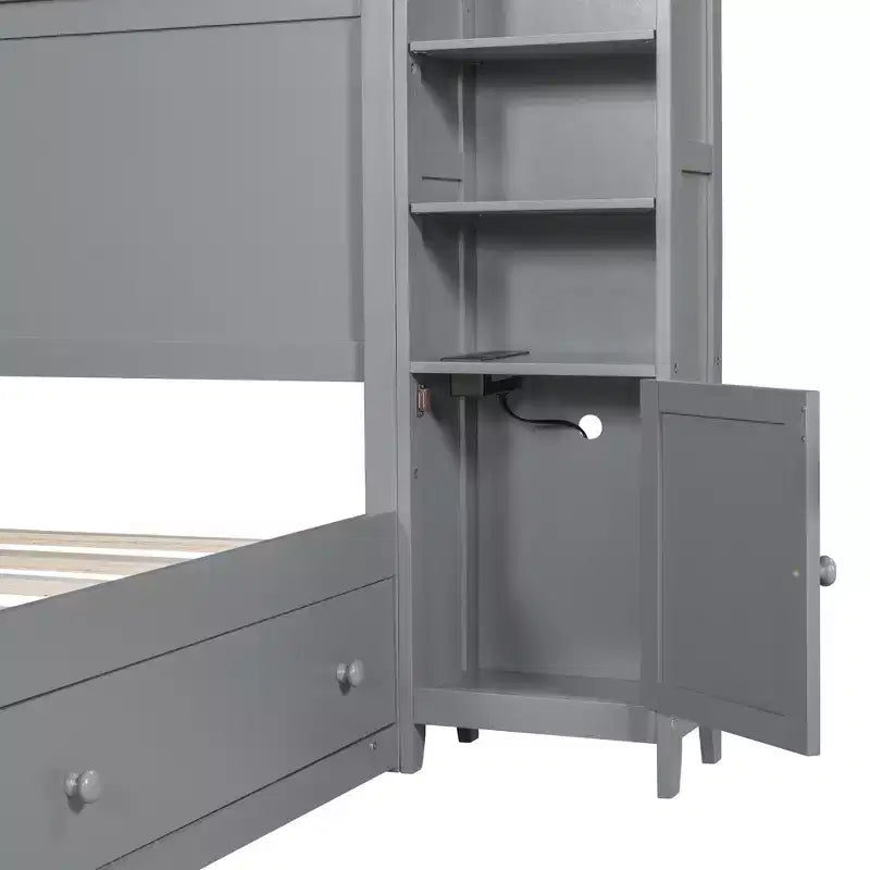 Lit plateforme Queen Size avec placard tout-en-un et étagère de rangement, cadre de lit double en bois avec 4 tiroirs et prises