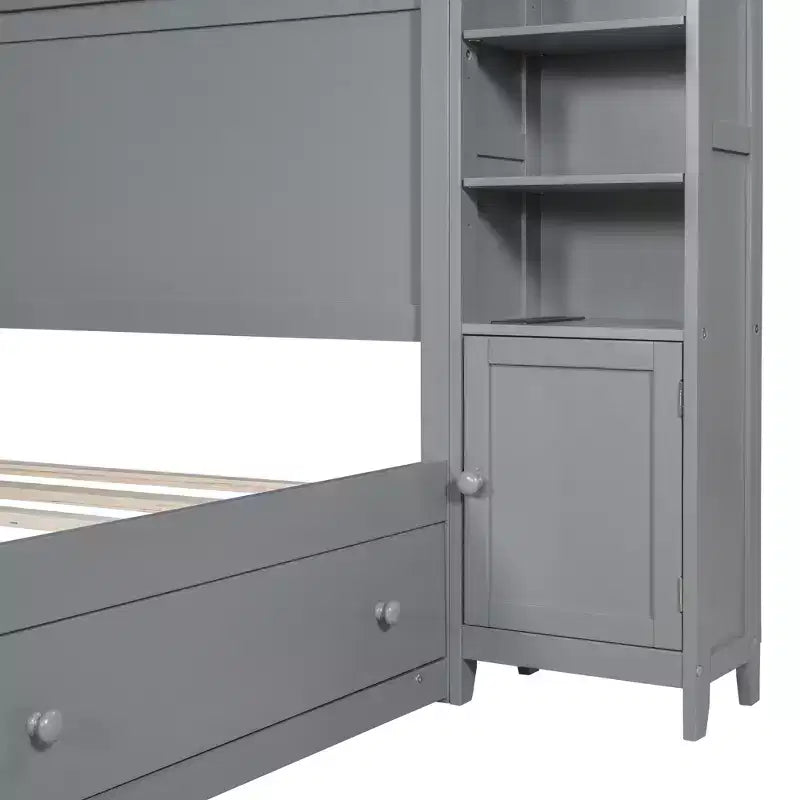 Lit plateforme Queen Size avec placard tout-en-un et étagère de rangement, cadre de lit double en bois avec 4 tiroirs et prises