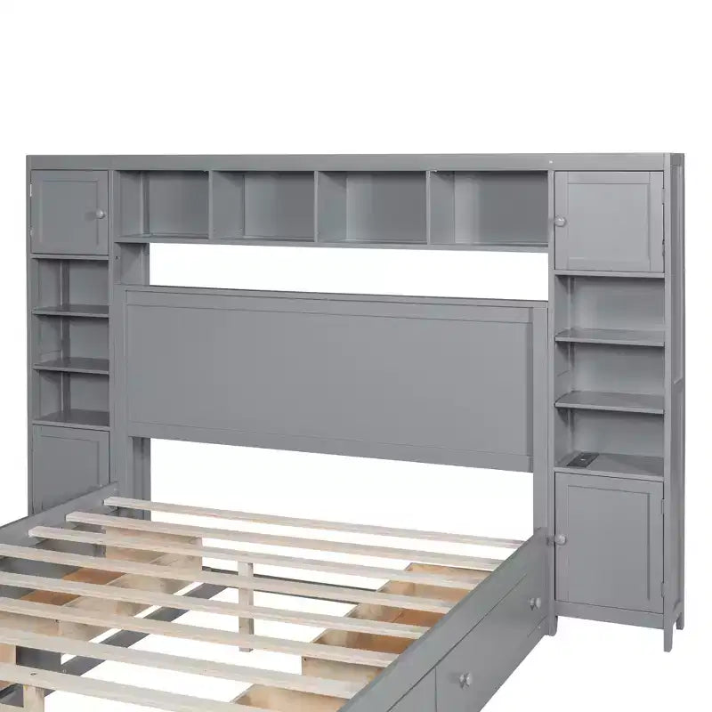 Lit plateforme Queen Size avec placard tout-en-un et étagère de rangement, cadre de lit double en bois avec 4 tiroirs et prises