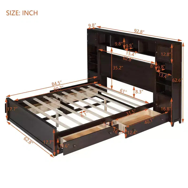 Lit plateforme Queen Size avec placard tout-en-un et étagère de rangement, cadre de lit double en bois avec 4 tiroirs et prises