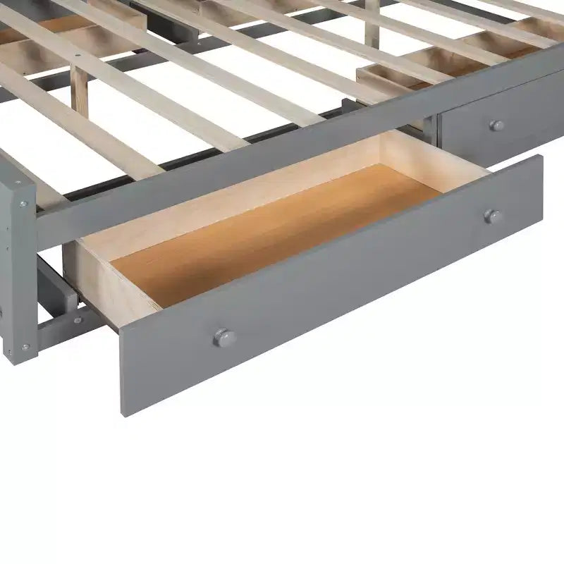 Lit plateforme Queen Size avec placard tout-en-un et étagère de rangement, cadre de lit double en bois avec 4 tiroirs et prises