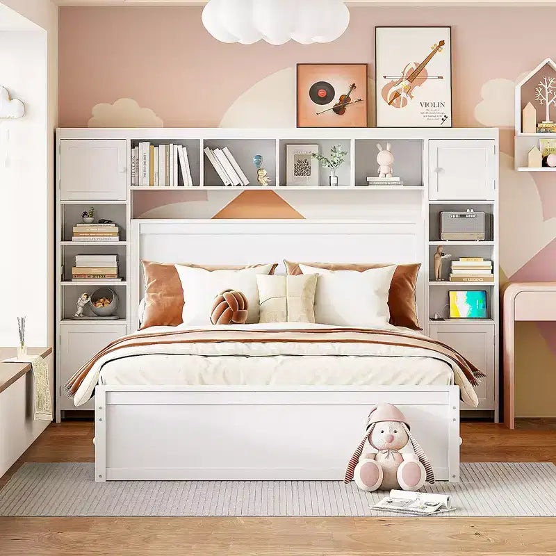 Lit plateforme Queen Size avec placard tout-en-un et étagère de rangement, cadre de lit double en bois avec 4 tiroirs et prises