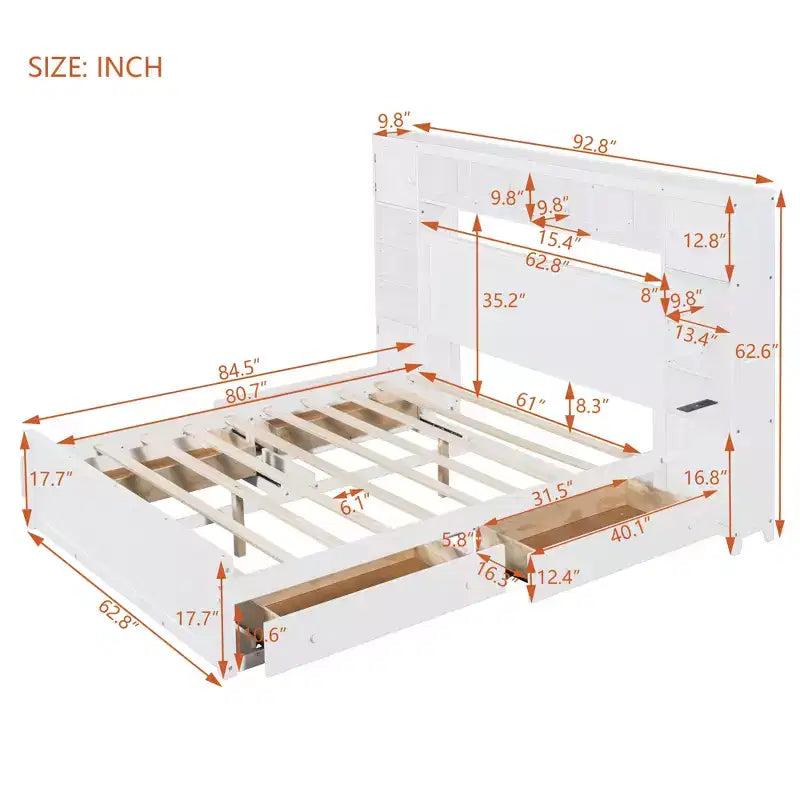Lit plateforme Queen Size avec placard tout-en-un et étagère de rangement, cadre de lit double en bois avec 4 tiroirs et prises
