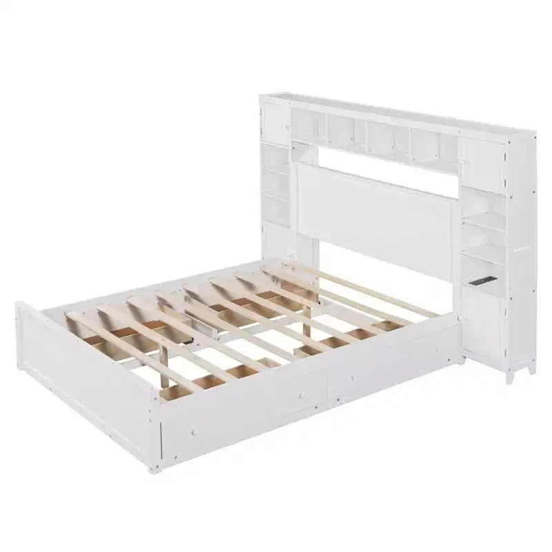 Lit plateforme Queen Size avec placard tout-en-un et étagère de rangement, cadre de lit double en bois avec 4 tiroirs et prises
