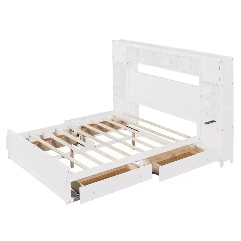 Lit plateforme Queen Size avec placard tout-en-un et étagère de rangement, cadre de lit double en bois avec 4 tiroirs et prises