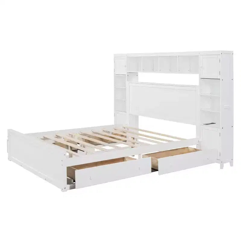 Lit plateforme Queen Size avec placard tout-en-un et étagère de rangement, cadre de lit double en bois avec 4 tiroirs et prises