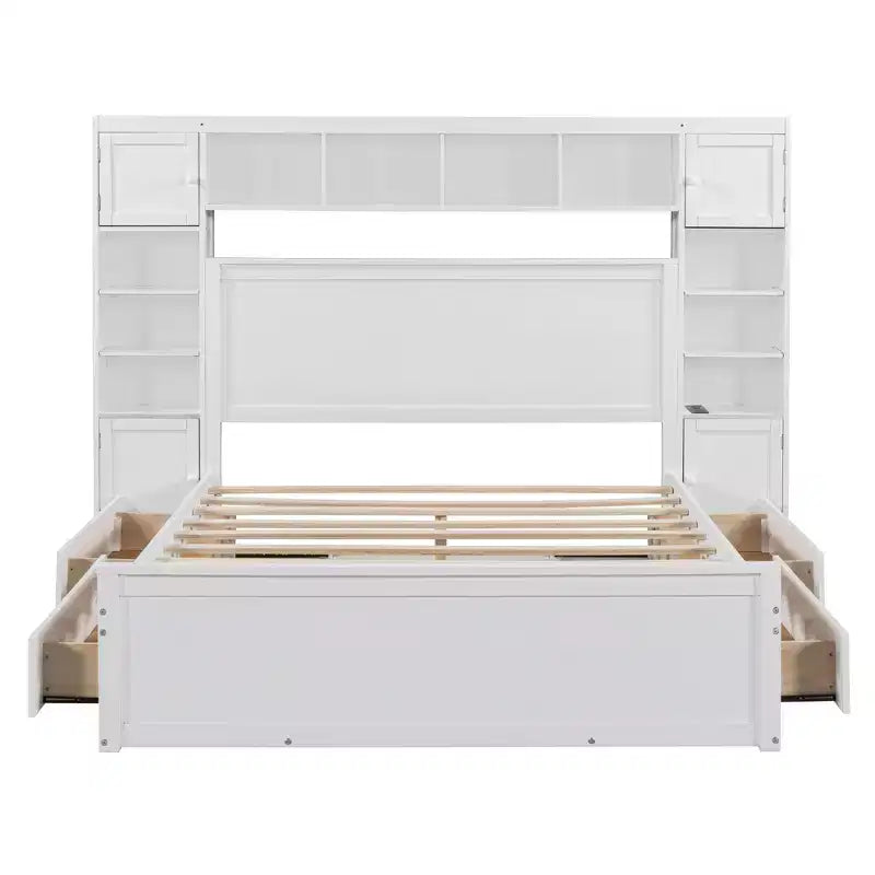 Lit plateforme Queen Size avec placard tout-en-un et étagère de rangement, cadre de lit double en bois avec 4 tiroirs et prises