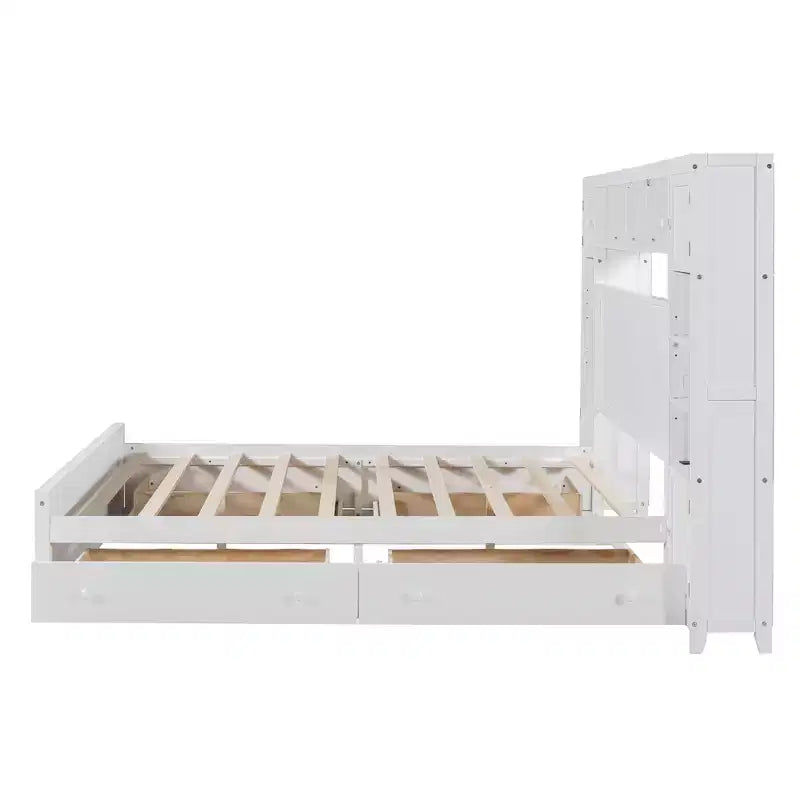 Lit plateforme Queen Size avec placard tout-en-un et étagère de rangement, cadre de lit double en bois avec 4 tiroirs et prises