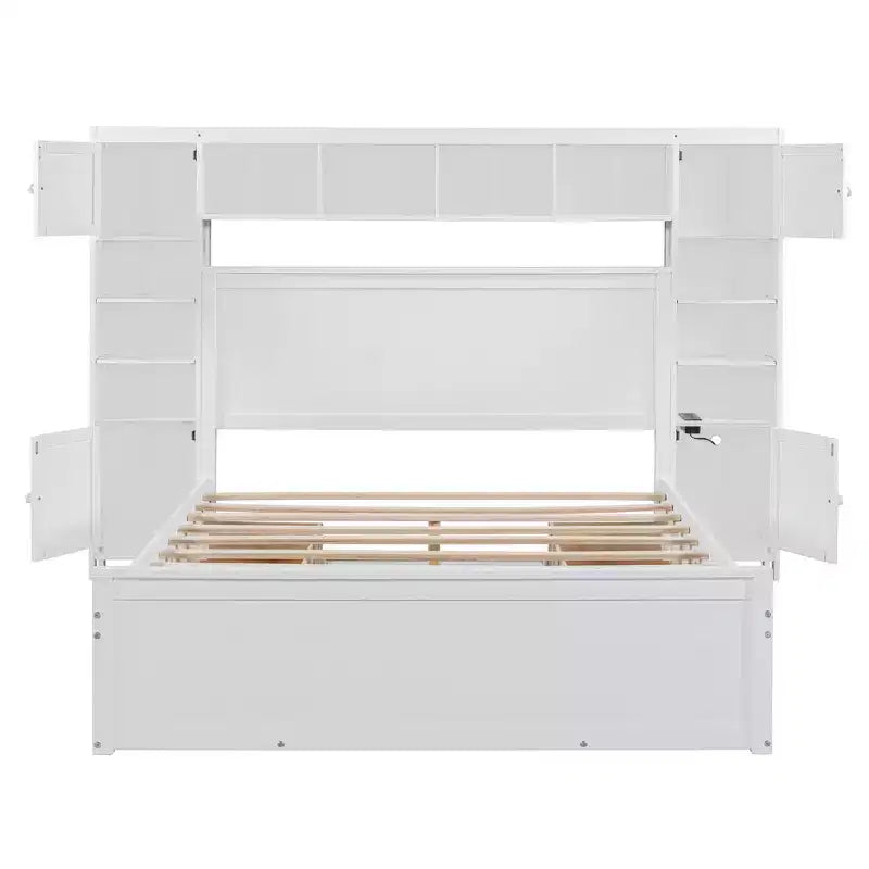Lit plateforme Queen Size avec placard tout-en-un et étagère de rangement, cadre de lit double en bois avec 4 tiroirs et prises
