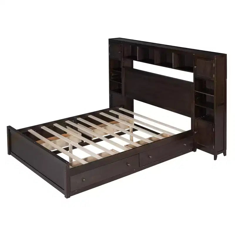 Lit plateforme Queen Size avec placard tout-en-un et étagère de rangement, cadre de lit double en bois avec 4 tiroirs et prises