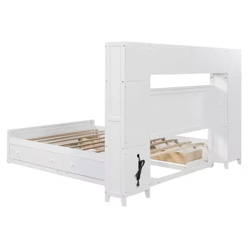 Lit plateforme Queen Size avec placard tout-en-un et étagère de rangement, cadre de lit double en bois avec 4 tiroirs et prises