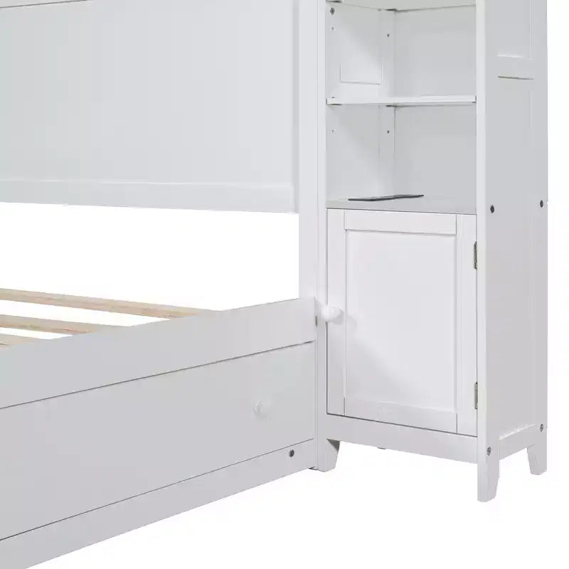 Lit plateforme Queen Size avec placard tout-en-un et étagère de rangement, cadre de lit double en bois avec 4 tiroirs et prises