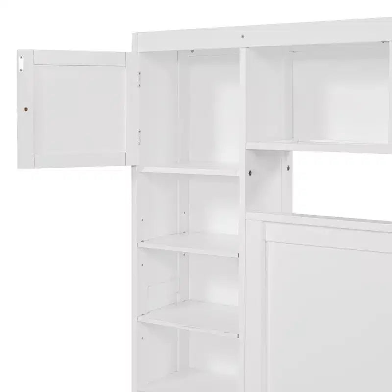 Lit plateforme Queen Size avec placard tout-en-un et étagère de rangement, cadre de lit double en bois avec 4 tiroirs et prises