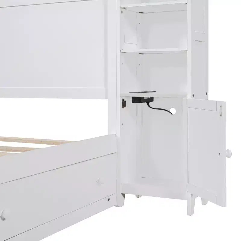 Lit plateforme Queen Size avec placard tout-en-un et étagère de rangement, cadre de lit double en bois avec 4 tiroirs et prises