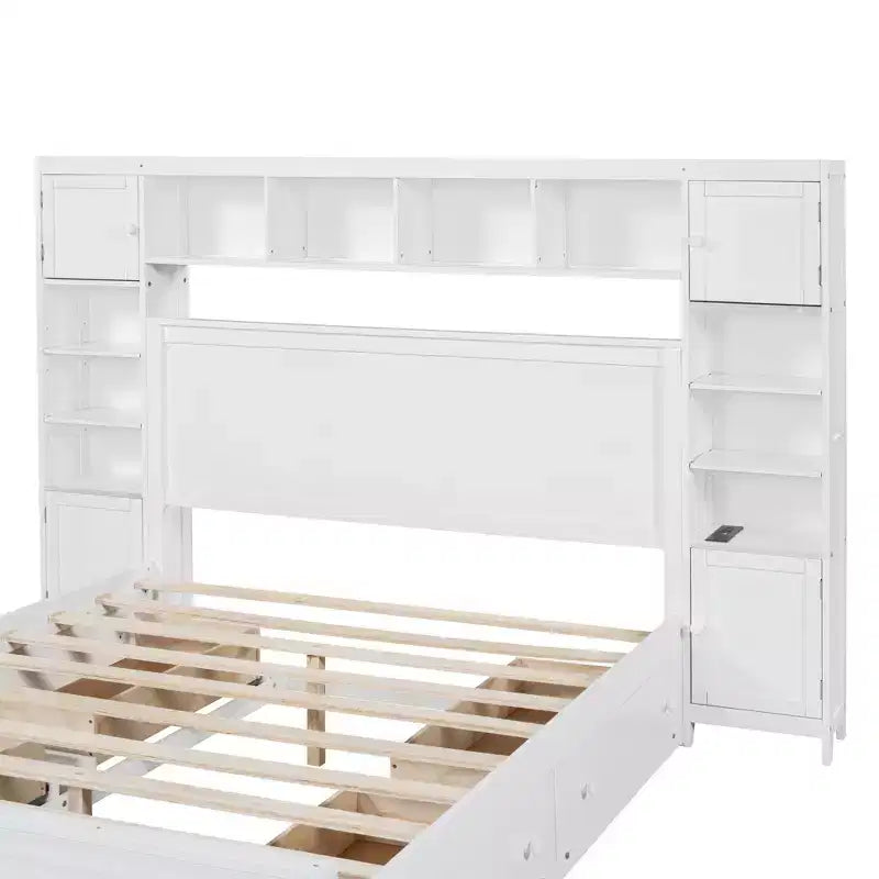 Lit plateforme Queen Size avec placard tout-en-un et étagère de rangement, cadre de lit double en bois avec 4 tiroirs et prises