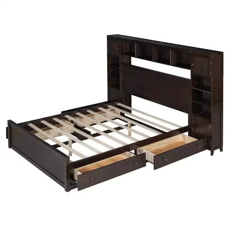 Lit plateforme Queen Size avec placard tout-en-un et étagère de rangement, cadre de lit double en bois avec 4 tiroirs et prises