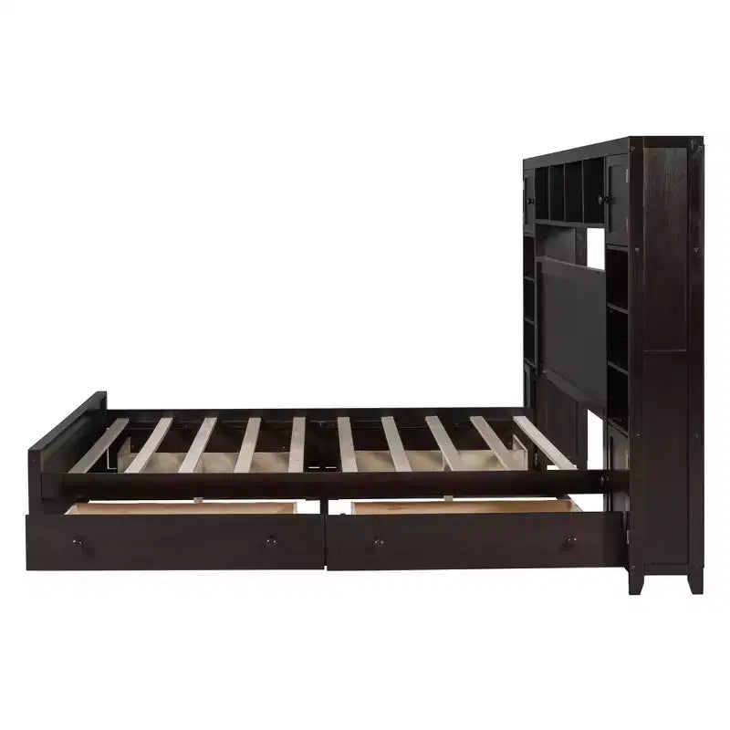 Lit plateforme Queen Size avec placard tout-en-un et étagère de rangement, cadre de lit double en bois avec 4 tiroirs et prises