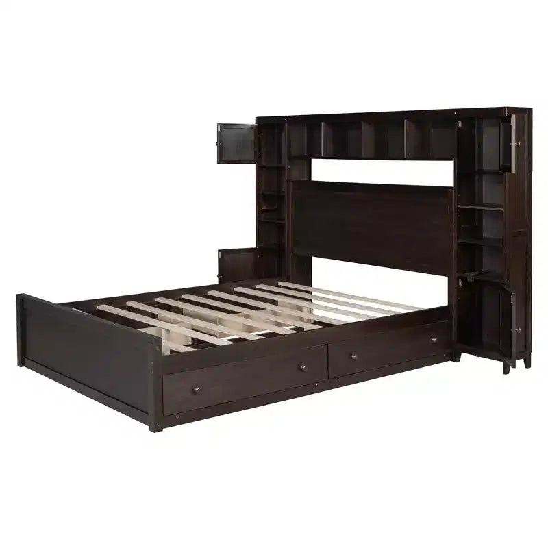Lit plateforme Queen Size avec placard tout-en-un et étagère de rangement, cadre de lit double en bois avec 4 tiroirs et prises