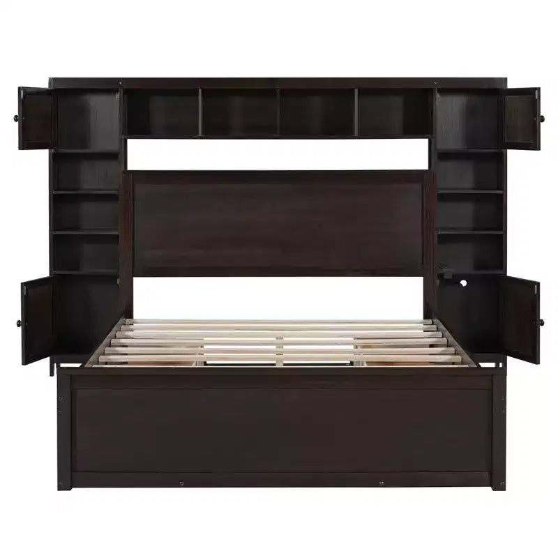 Lit plateforme Queen Size avec placard tout-en-un et étagère de rangement, cadre de lit double en bois avec 4 tiroirs et prises
