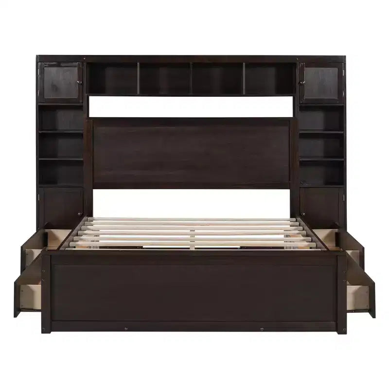 Lit plateforme Queen Size avec placard tout-en-un et étagère de rangement, cadre de lit double en bois avec 4 tiroirs et prises