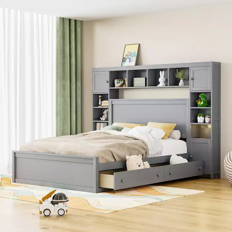 Lit plateforme Queen Size avec placard tout-en-un et étagère de rangement, cadre de lit double en bois avec 4 tiroirs et prises