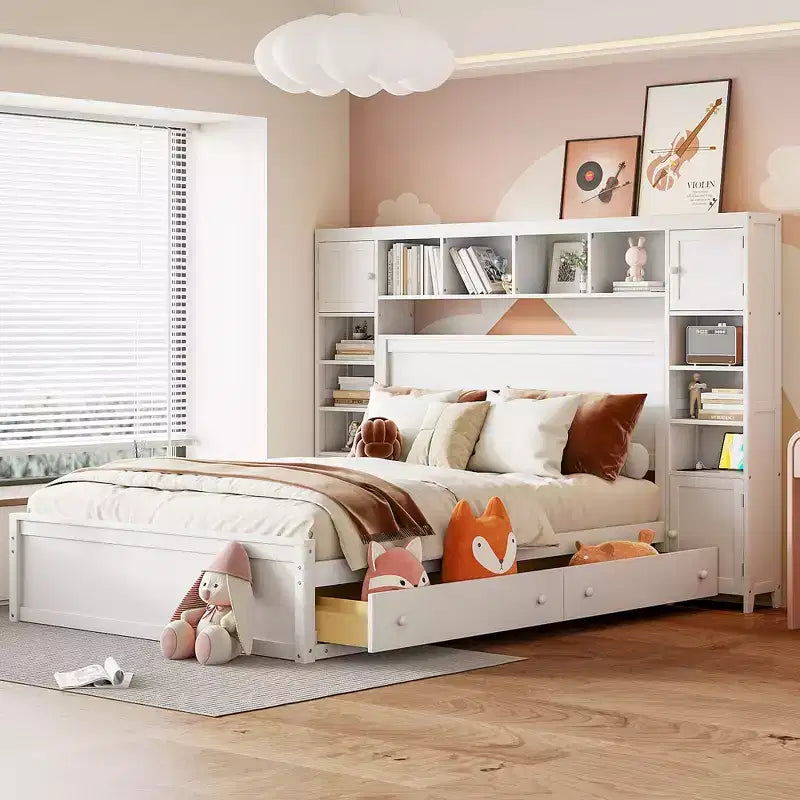 Lit plateforme Queen Size avec placard tout-en-un et étagère de rangement, cadre de lit double en bois avec 4 tiroirs et prises