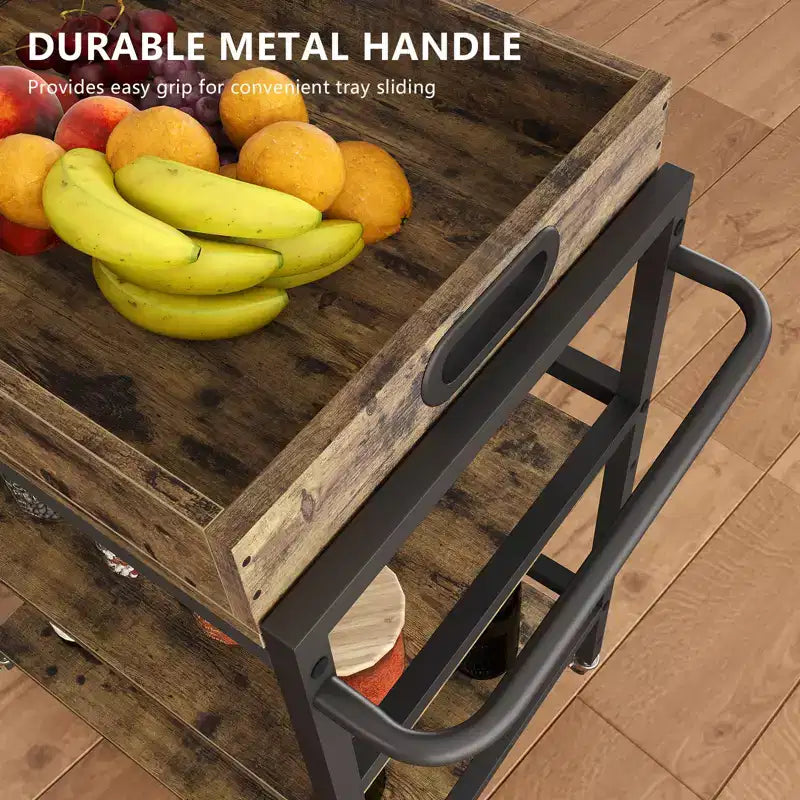 Dessert de Bar Roulant Rustique à 3 Niveaux avec Plateau Amovible et Roues Verrouillables